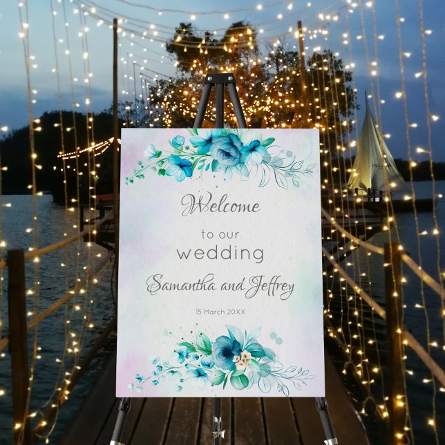 Blue teal green flowers floral welcome  foam board (Creator Uploaded)