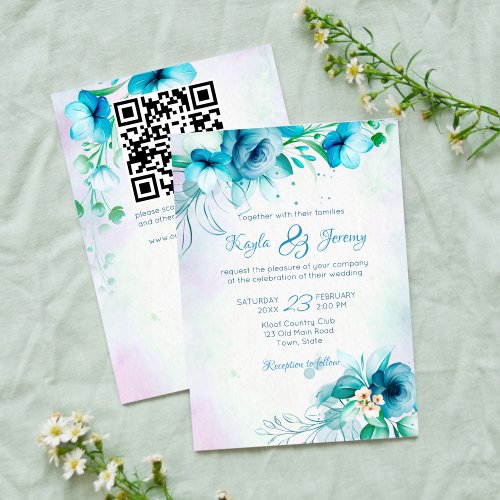 Blue teal green flowers wedding floral all in one invitation