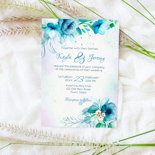 Blue teal green flowers wedding floral  invitation