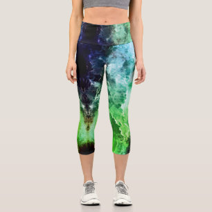 Blue Teal Green  Fractal Stormy Clouds Capri  Leggings