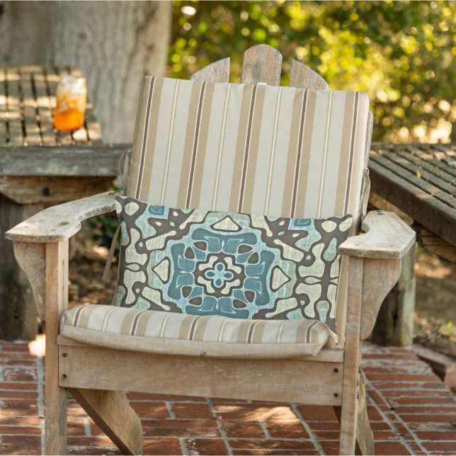 Blue Teal Green Gray Taupe Brown Orient Tribal Art Lumbar Pillow (Chair)