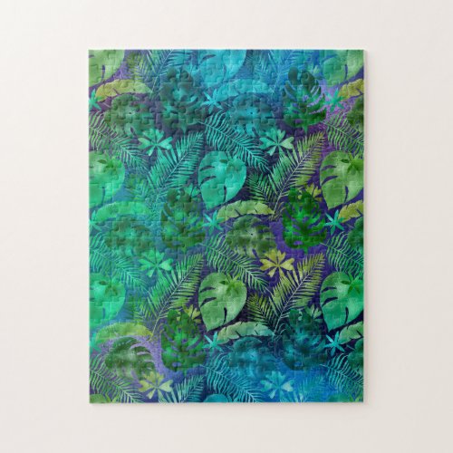 Blue Teal Green Iridescent Tropical Leaves Jigsaw Puzzle