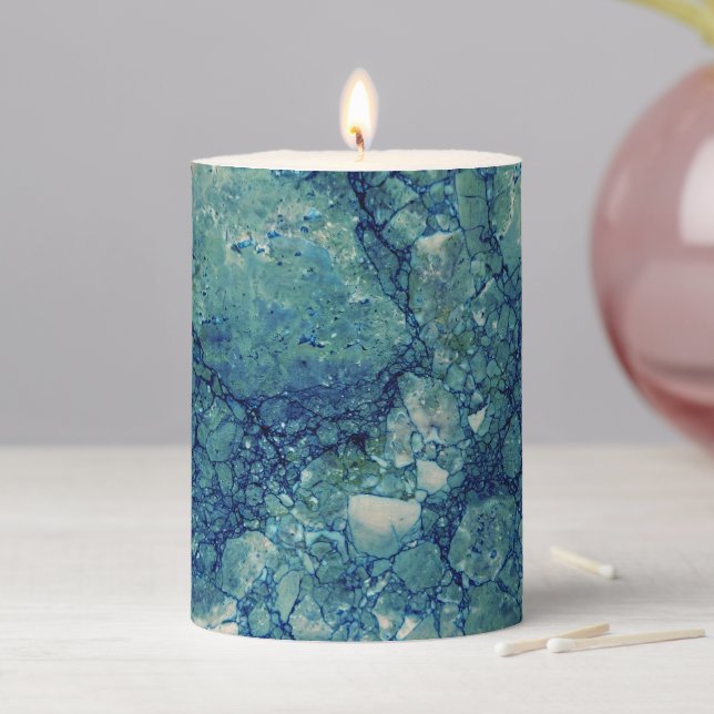 Blue Teal Green Marble Texture Pillar Candle (In Situ)