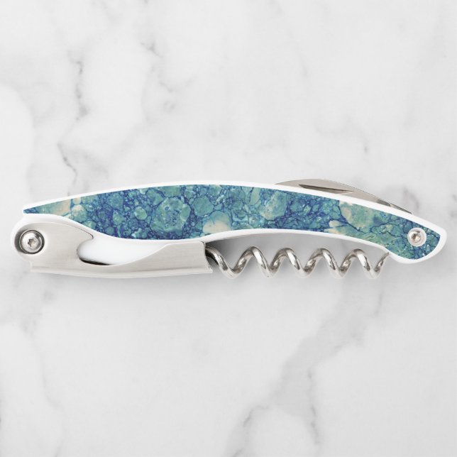 Blue Teal Green Marble Texture Waiter's Corkscrew (Front)