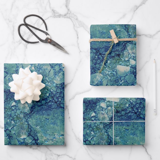 Blue Teal Green Marble Texture Wrapping Paper Sheets (Front)