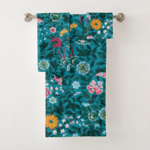 Blue Teal Green Red Pink Yellow Floral Pattern Bath Towel Set