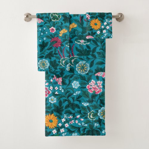 Blue Teal Green Red Pink Yellow Floral Pattern Bath Towel Set