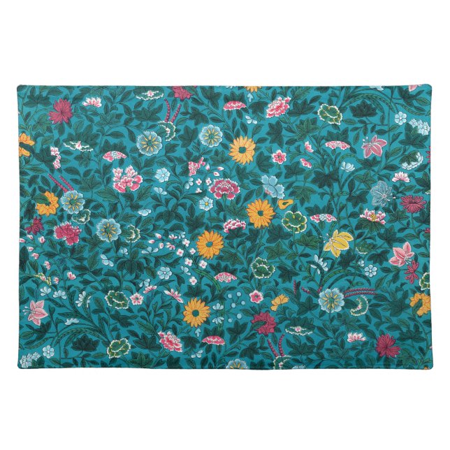 Blue Teal Green Red Pink Yellow Floral Pattern Cloth Placemat (Front)