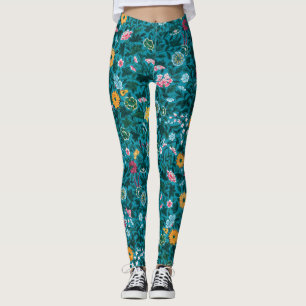 Blue Teal Green Red Pink Yellow Floral Pattern Leggings