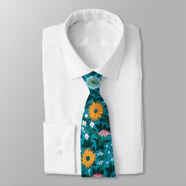 Blue Teal Green Red Pink Yellow Floral Pattern Neck Tie (Tied)