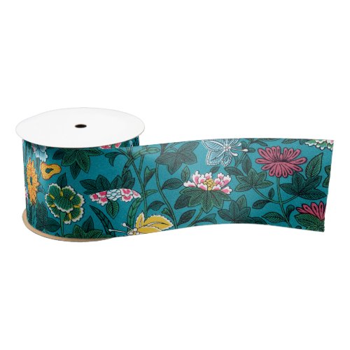 Blue Teal Green Red Pink Yellow Floral Pattern Satin Ribbon