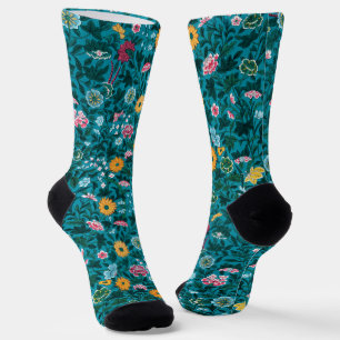 Blue Teal Green Red Pink Yellow Floral Pattern Socks