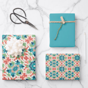 Blue, Teal, Green, Salmon & Cream Tile Pattern Wrapping Paper Sheets