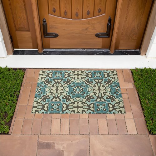 Blue Teal Green Taupe Brown Bohemian Tribe Art Doormat