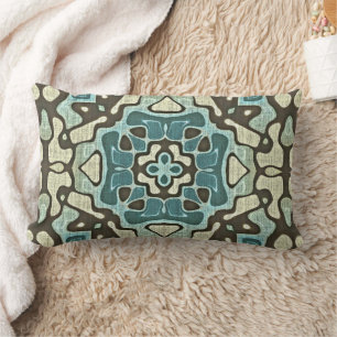 Blue Teal Green Taupe Brown Bohemian Tribe Art Lumbar Pillow