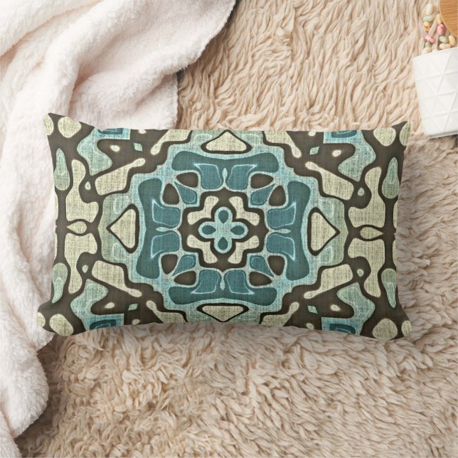 Blue Teal Green Taupe Brown Bohemian Tribe Art Lumbar Pillow (Blanket)