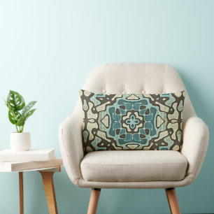 Blue Teal Green Taupe Brown Bohemian Tribe Art Lumbar Pillow