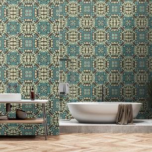 Blue Teal Green Taupe Brown Bohemian Tribe Art Wallpaper