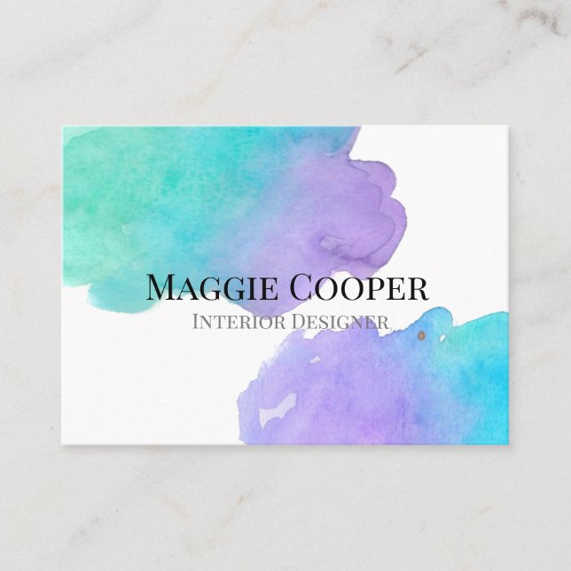 Blue teal green watercolor splash business card (Front)