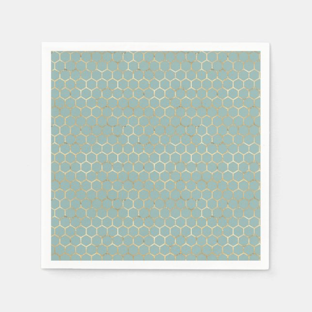 Blue Teal Honeycomb Gold Glitter Birthday  Napkins (Front)