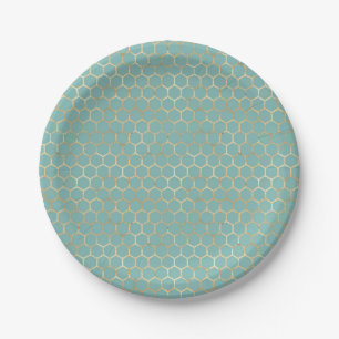 Blue Teal Honeycomb Gold Glitter Birthday Paper Plates