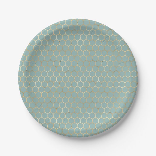 Blue Teal Honeycomb Gold Glitter Birthday Paper Plates (Front)
