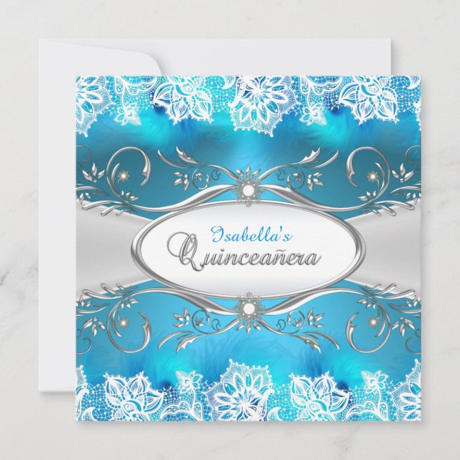 Blue Teal lace & silver Frame Quinceanera Invitation (Front)
