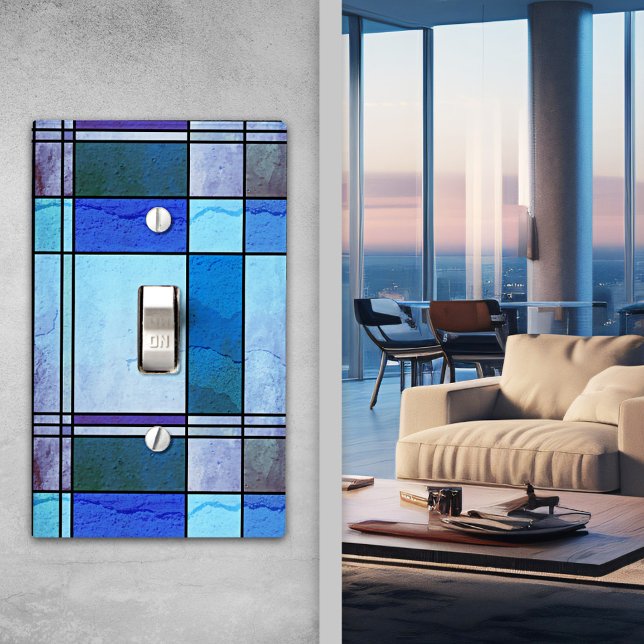 Blue Teal Leaded Glass Pattern Design Light Switch Cover (Light switch cover featuring a grunge geometric mosaic pattern design inspired by leaded glass)