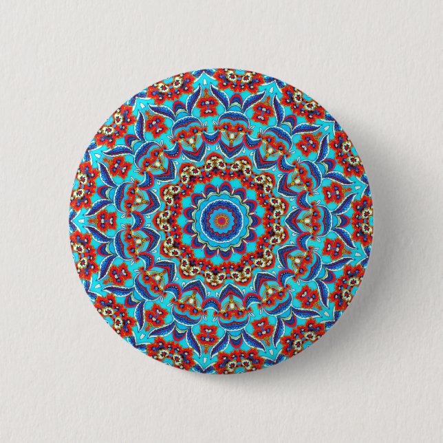 Blue Teal Leaf Floral Mandala Boho Button (Front)