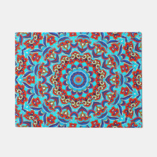 Blue Teal Leaf Floral Mandala Boho Doormat