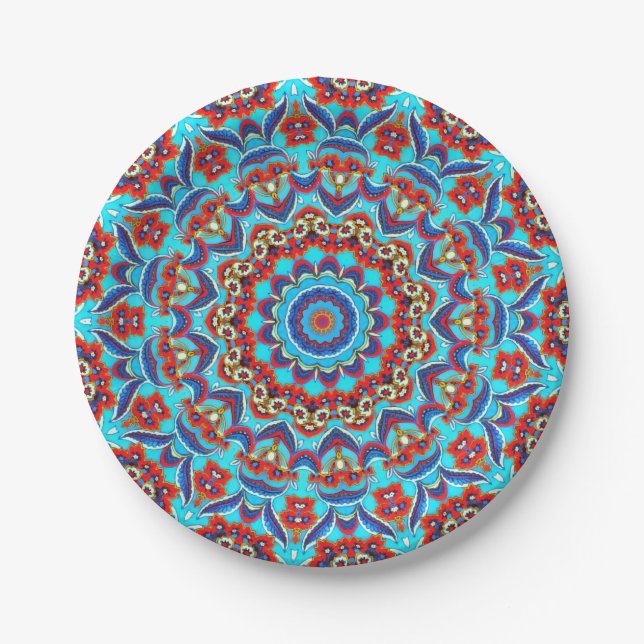 Blue Teal Leaf Floral Mandala Boho Paper Plates (Front)