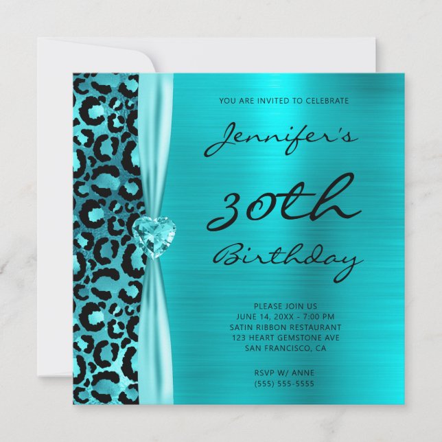 Blue Teal Leopard Glam 30th Birthday Invitation (Front)