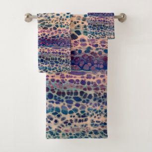 Blue Teal Lilac White Acrylic Abstract Fluid Art Bath Towel Set