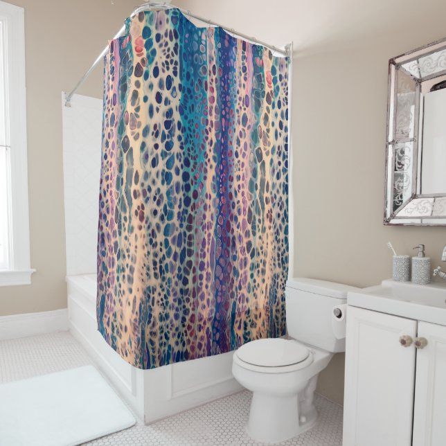 Blue Teal Lilac White Acrylic Abstract Fluid Art Shower Curtain (In Situ)