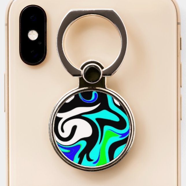Blue, Teal, Lime Green and Black Swirls Phone Ring Stand (Close Up)