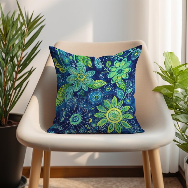 Blue Teal Lime Green Bohemian Floral Throw Pillow (Blue Teal Lime Green Bohemian Floral Throw Pillow)
