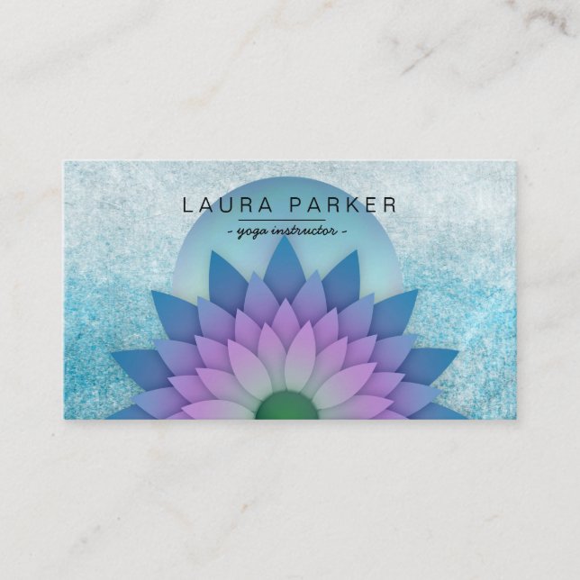 Blue and teal yoga meditation business card with layered lotus artwork