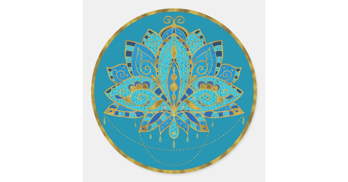 Blue Teal Lotus with Golden Accents Classic Round Sticker | Zazzle