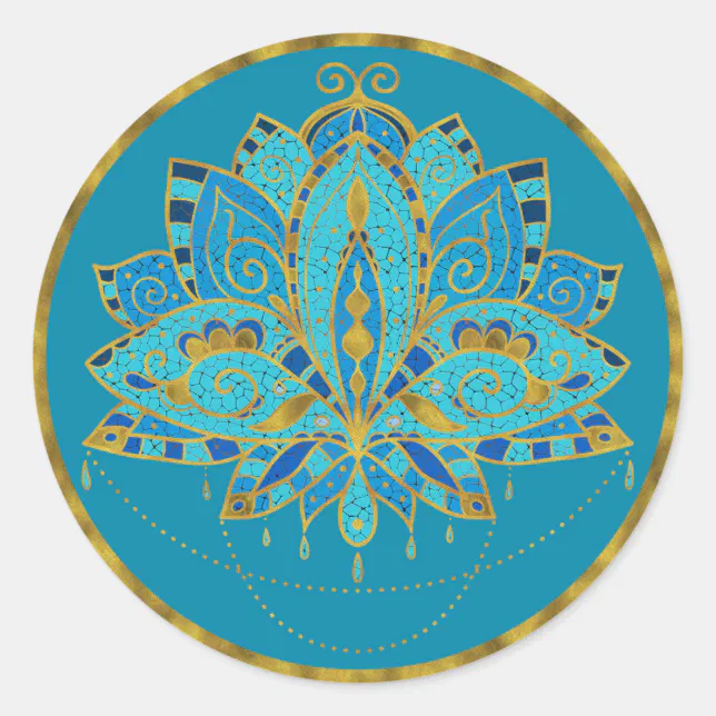 Blue Teal Lotus with Golden Accents Classic Round Sticker | Zazzle