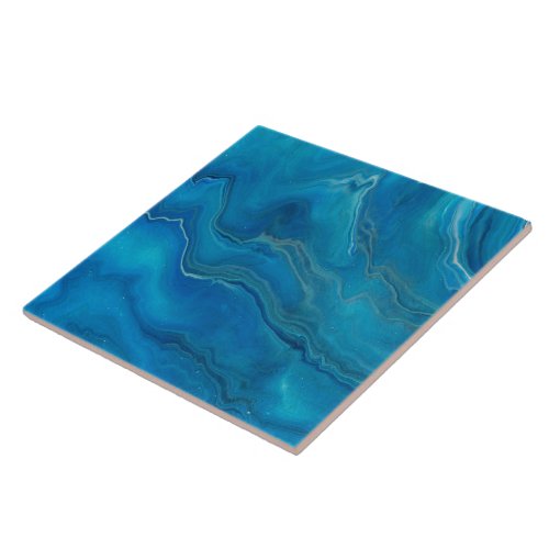 Blue  Teal Marble Agate Abstraction   Ceramic Tile