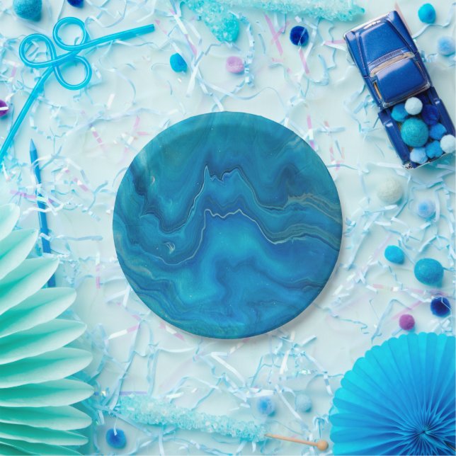 Blue & Teal Marble Agate Abstraction  Paper Plates (Party)