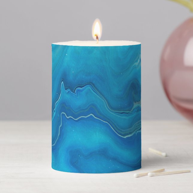 Blue & Teal Marble Agate Abstraction  Pillar Candle (In Situ)