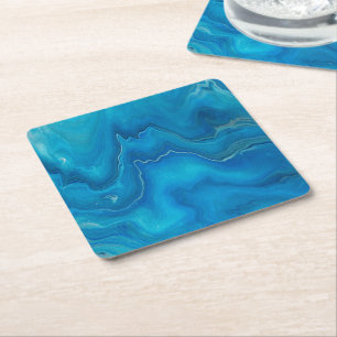 Blue & Teal Marble Agate Abstraction Square Paper Coaster