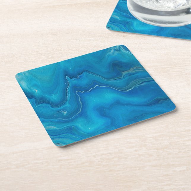 Blue & Teal Marble Agate Abstraction    Square Paper Coaster (Angled)