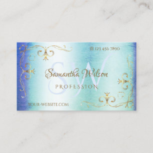 Blue Teal Marble Golden Ornate Corners Initials Business Card
