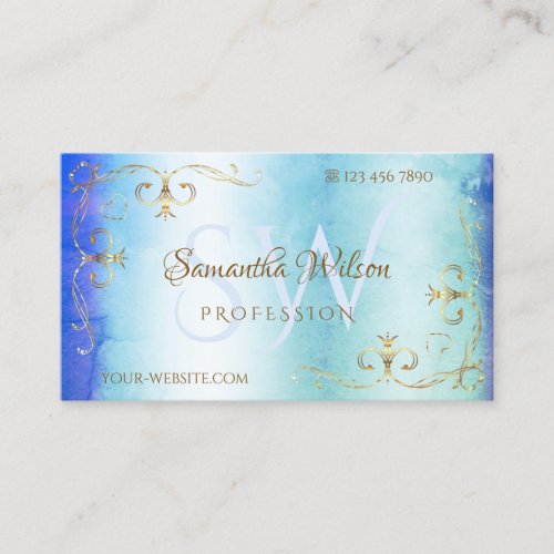 Blue Teal Marble Golden Ornate Corners Initials Business Card
