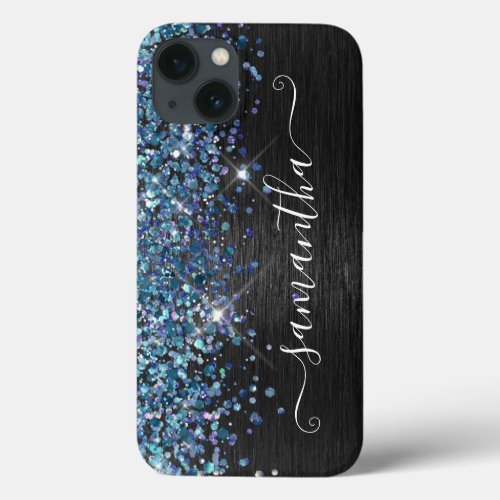 Blue Teal Mermaid Glitter Black Brushed Metal iPhone 13 Case