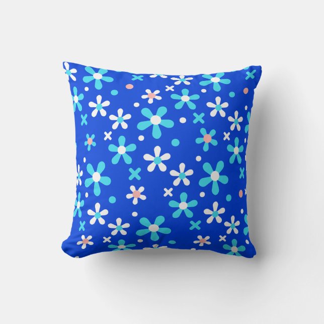 Blue Teal Modern Floral Throw Pillow (Front)