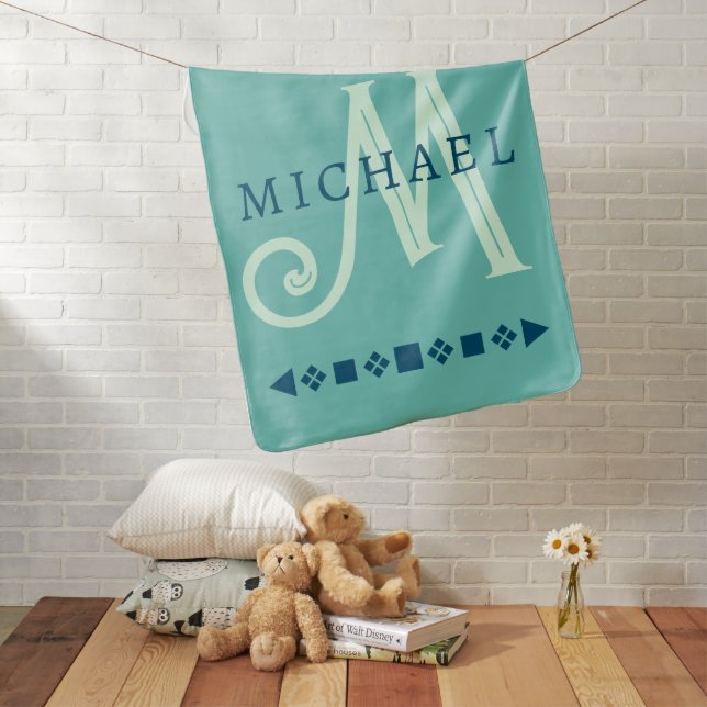 Blue & Teal Monogram Custom Name Boys Baby Blanket (In Situ)