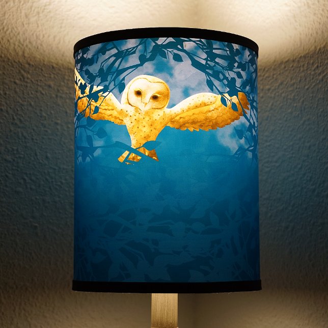 Blue Teal, Moonlight Barn Owl Desk Lamp Shade (Owl with wings outstretched, moonlight enchanted forest, personalized lamp shade)